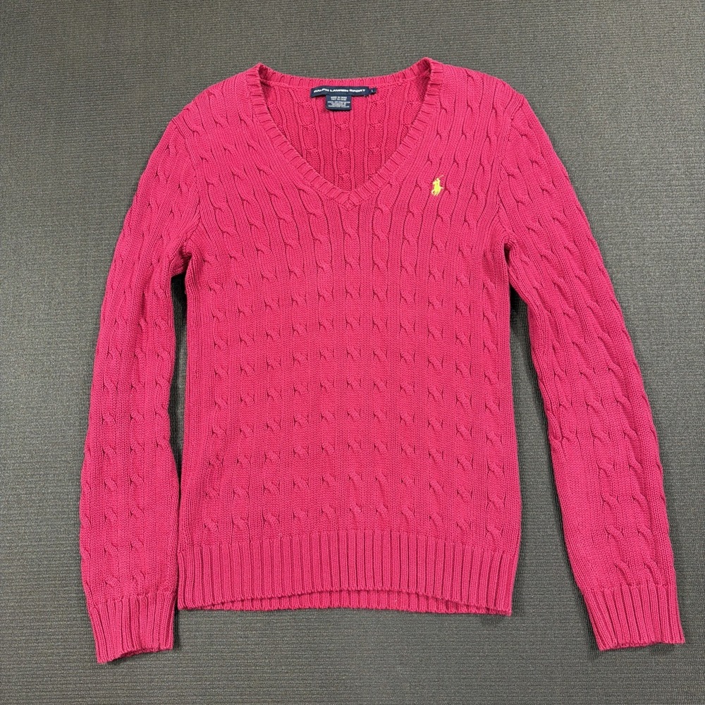 Vintage Ralph Lauren Sport Sweater Women's Large Cable Knit V Neck 90s‎ Y2k Pink